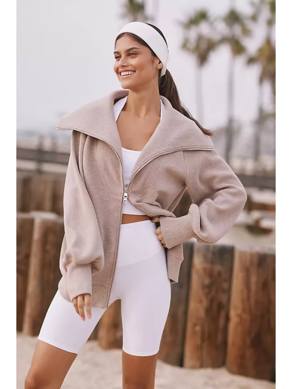 VARLEY Ells Ottoman Rib Oversized Zip Through Jacket in Taupe Beige Size L - Picture 8 of 9